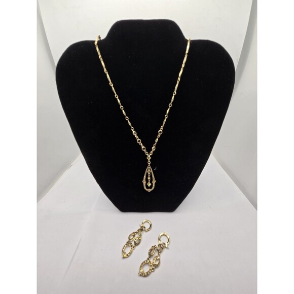 Vintage Signed MONET Gold‑Tone Marcasite & Rhinestone Pendant Necklace + Earring - Picture 1 of 11